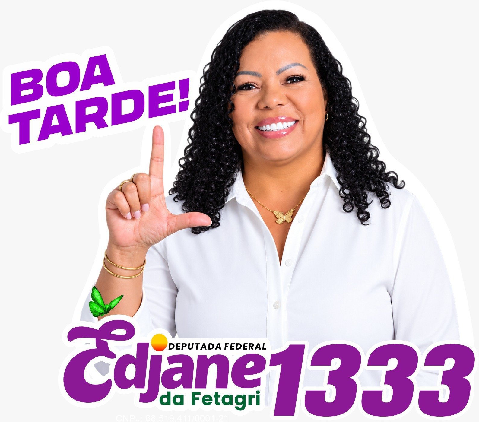 Edjane da Fetagri sorrindo e fazendo o sinal da letra L